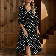 Puff-Sleeve Polka Dot V-Neck Midi Dress | OWNLUXE