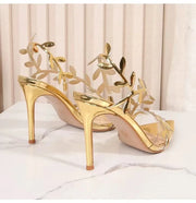 Gold Leaf Gladiator Stiletto Sandals with Pointed Toe