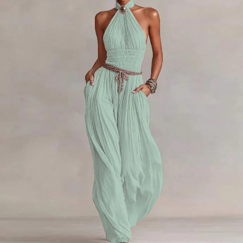 Boho Halter Backless Pleated Jumpsuit | OWNLUXE