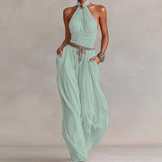 Boho Halter Backless Pleated Jumpsuit | OWNLUXE