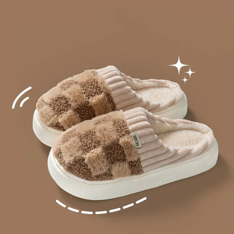 Couple Winter Plaid Slippers – Warm Fluffy Indoor Slides