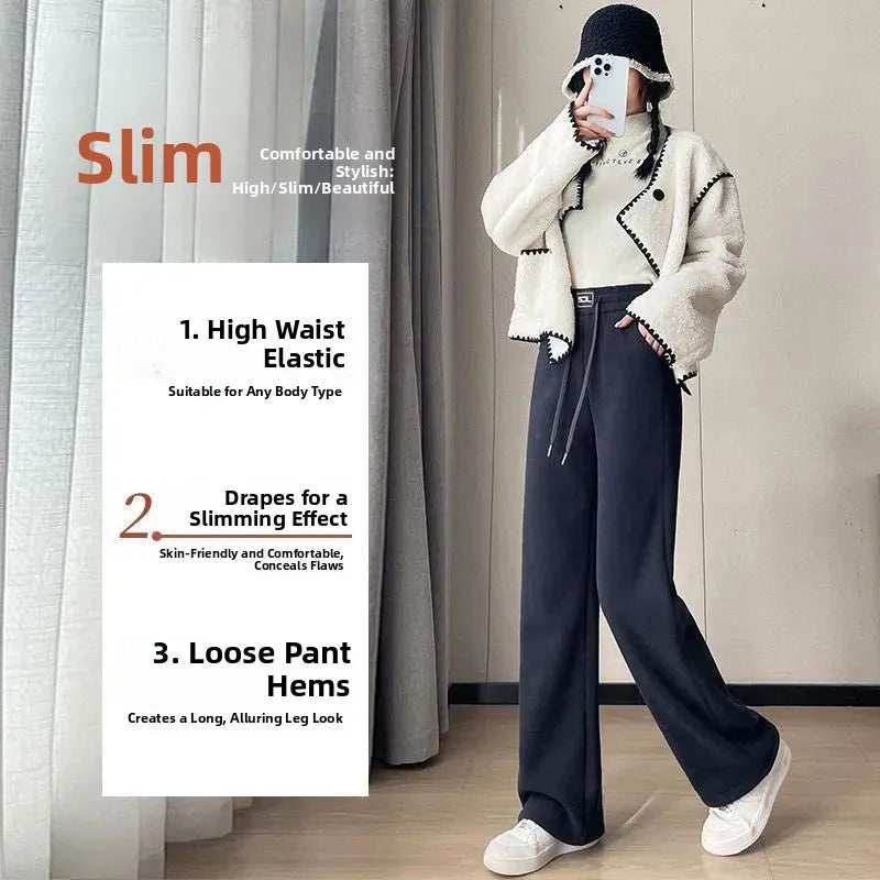 Women's Lamb Velvet Wide Leg Pants - Fleece Lined Winter Trousers