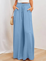 High Waist Wide Leg Pants - Elastic Waistband Summer Trousers