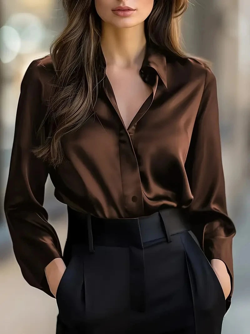 Black Satin Long-Sleeve Blouse | OWNLUXE