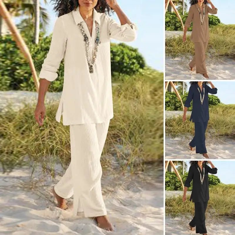 V-Neck Cotton Relaxed-Fit Linen Pants | OWNLUXE