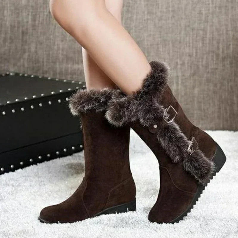 Women’s Faux Fur Slip-On Winter Snow Boots, Mid-Calf