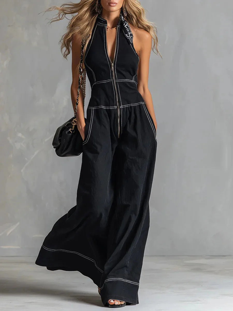Relaxed-Fit Off-Shoulder Zip-Up Pocket Jumpsuit | OWNLUXE