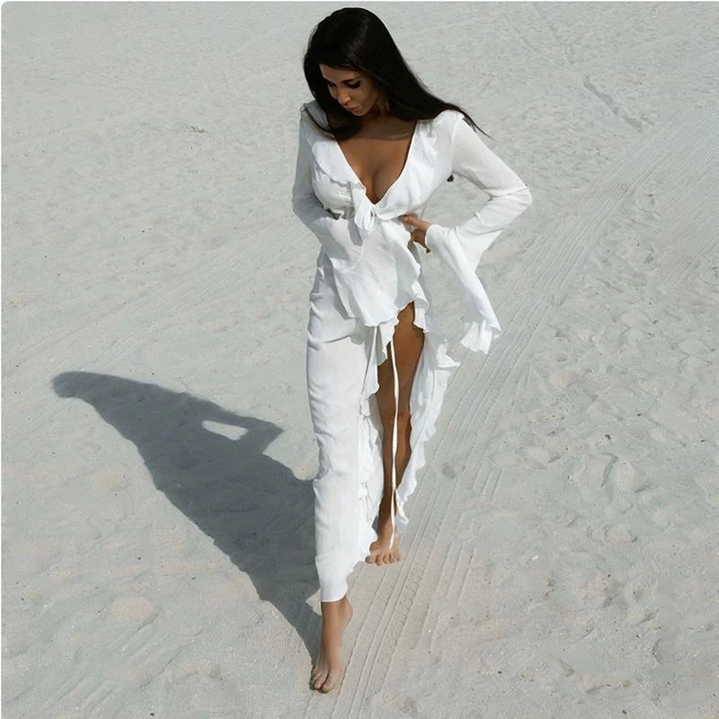 Maxi V-Neck Ruffle Flared Swim Cover-Up | OWNLUXE