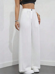 Women's High Waist Work Trousers - Casual Loose Fit Pants with Pockets