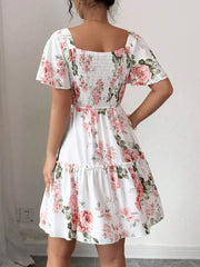 Floral Print Short-Sleeve Ruffle Dress | OWNLUXE
