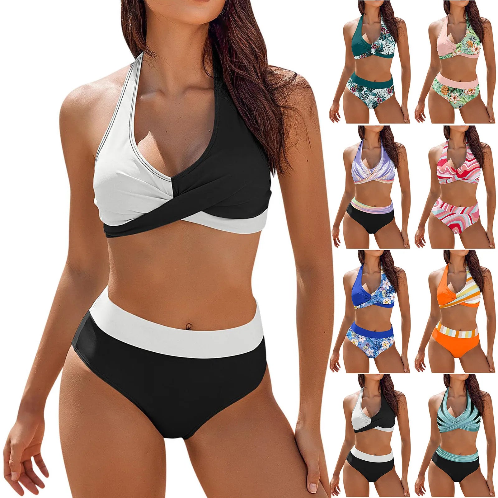 bikini Beach Colour Block Floral Printed Women's Swimsuit High Waist Two Piece For Teenagers biquinis feminino tendência 2024
