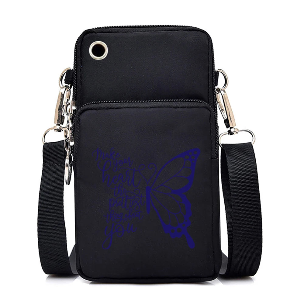 Mini Nylon Phone Crossbody Bag – Butterfly Print Neck Pouch with Zipper