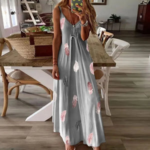 Elegant Office Lady Ankle Length Printed V-Neck Dress – Perfect for Senior Women