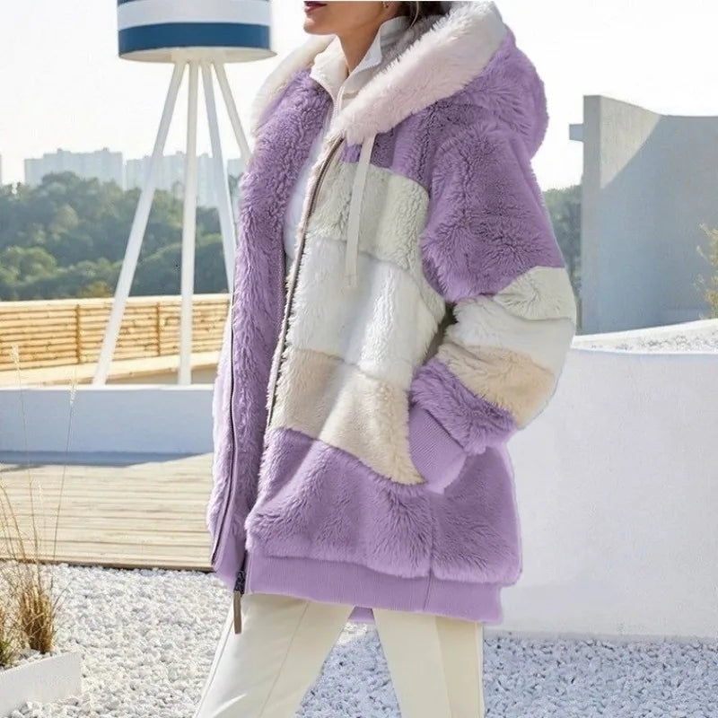 Women's Plush Hooded Jacket – Warm & Stylish Streetwear for Autumn/Winter