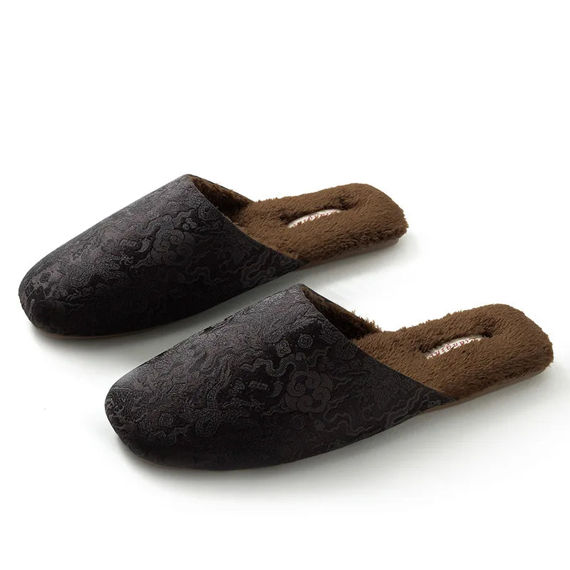 Plush Embroidered House Slippers with Rubber Sole