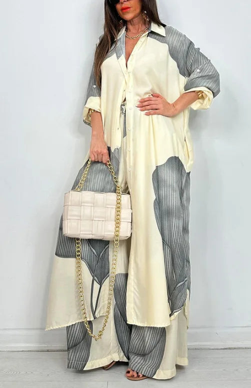 Women's Printed Long Shirt & Pants Set – Spring/Summer Loose Fit Style | Ensemble chemise longue et pantalon imprimé pour femme – Coupe ample printemps/été