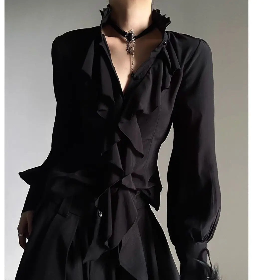 Harajuku Vintage Victorian Blouse - Ruffled Stand Collar Shirt