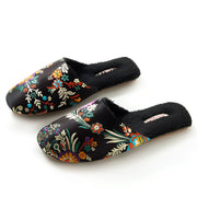 Plush Embroidered House Slippers with Rubber Sole