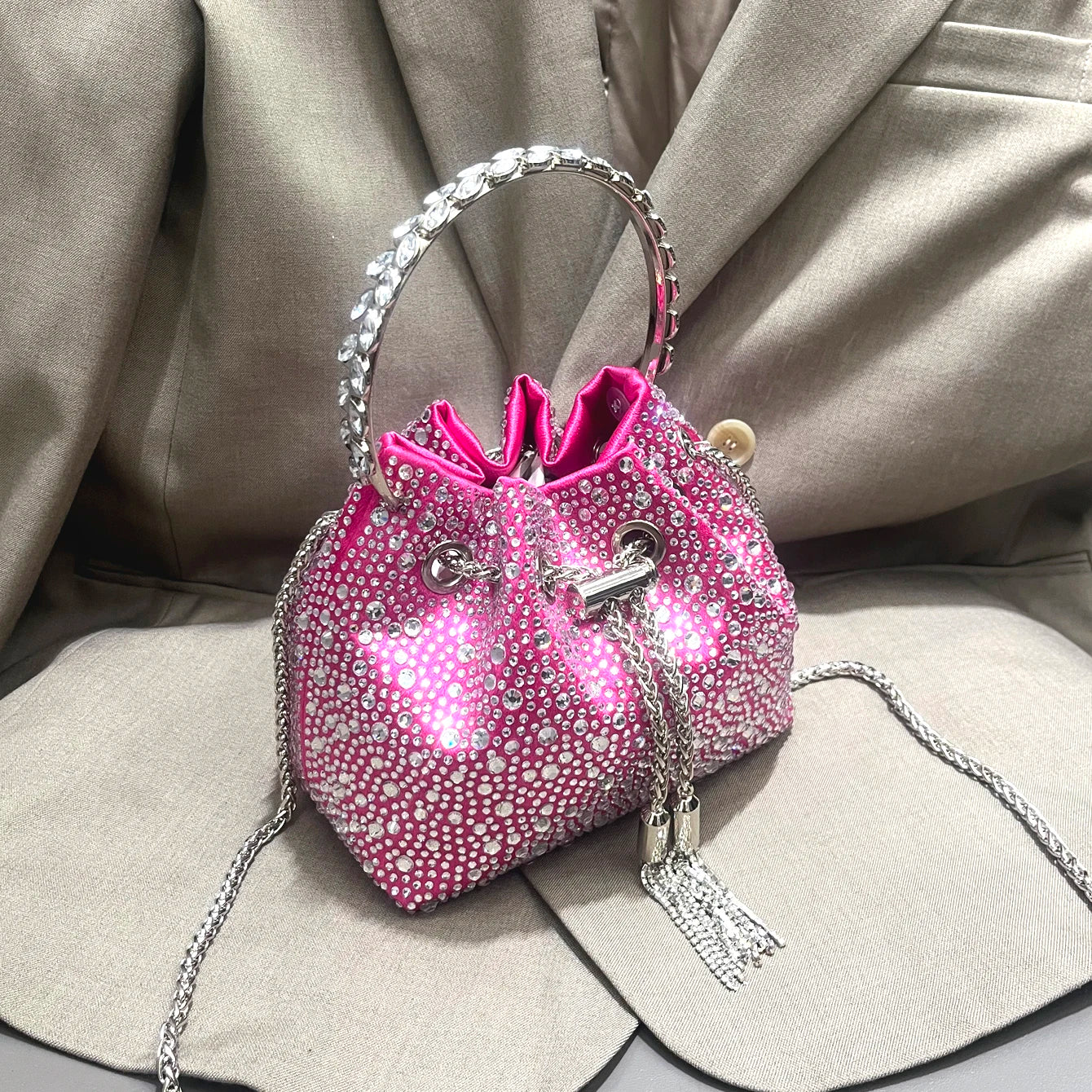 Crystal Bucket Evening Bag (Green Pink) | OWNLUXE