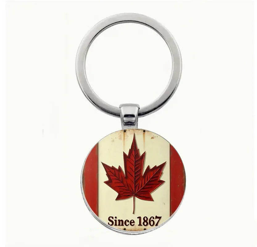 Vintage Canadian Maple Leaf Keychain - Enamel Red Leaves with Durable Metal Ring