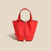 Genuine Cowhide Leather Bucket Bag - Fashion Lock Handbag with Phone Pocket | OWNLUXE