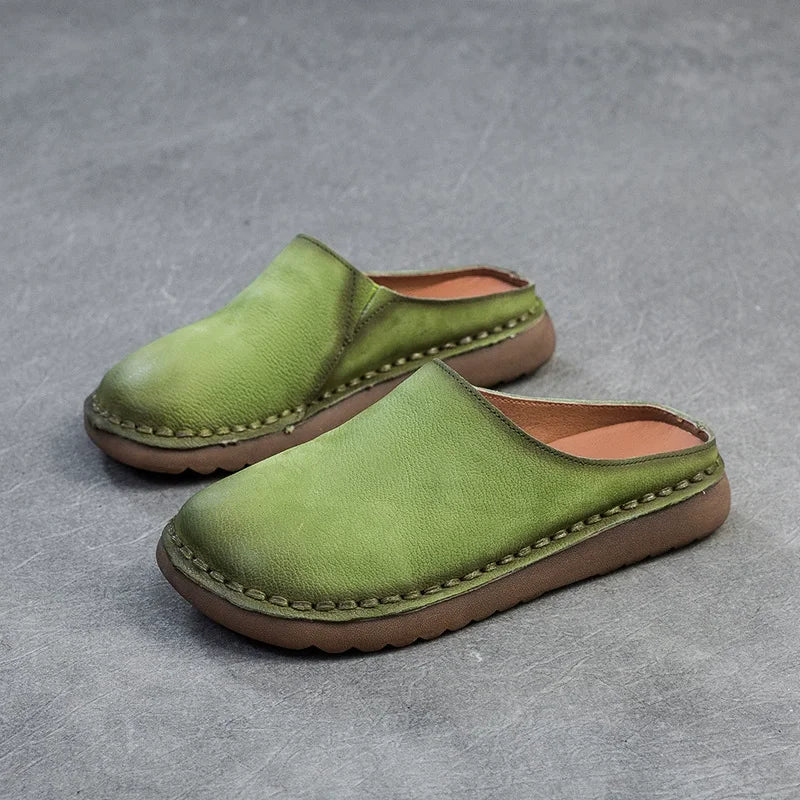 Genuine Leather Flat Slippers – Handmade Retro Women’s Mules