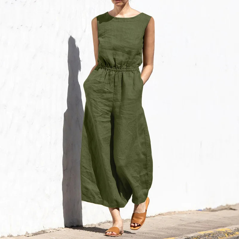 High Waist Cotton Linen Jumpsuit – Wide Leg Ankle-Length