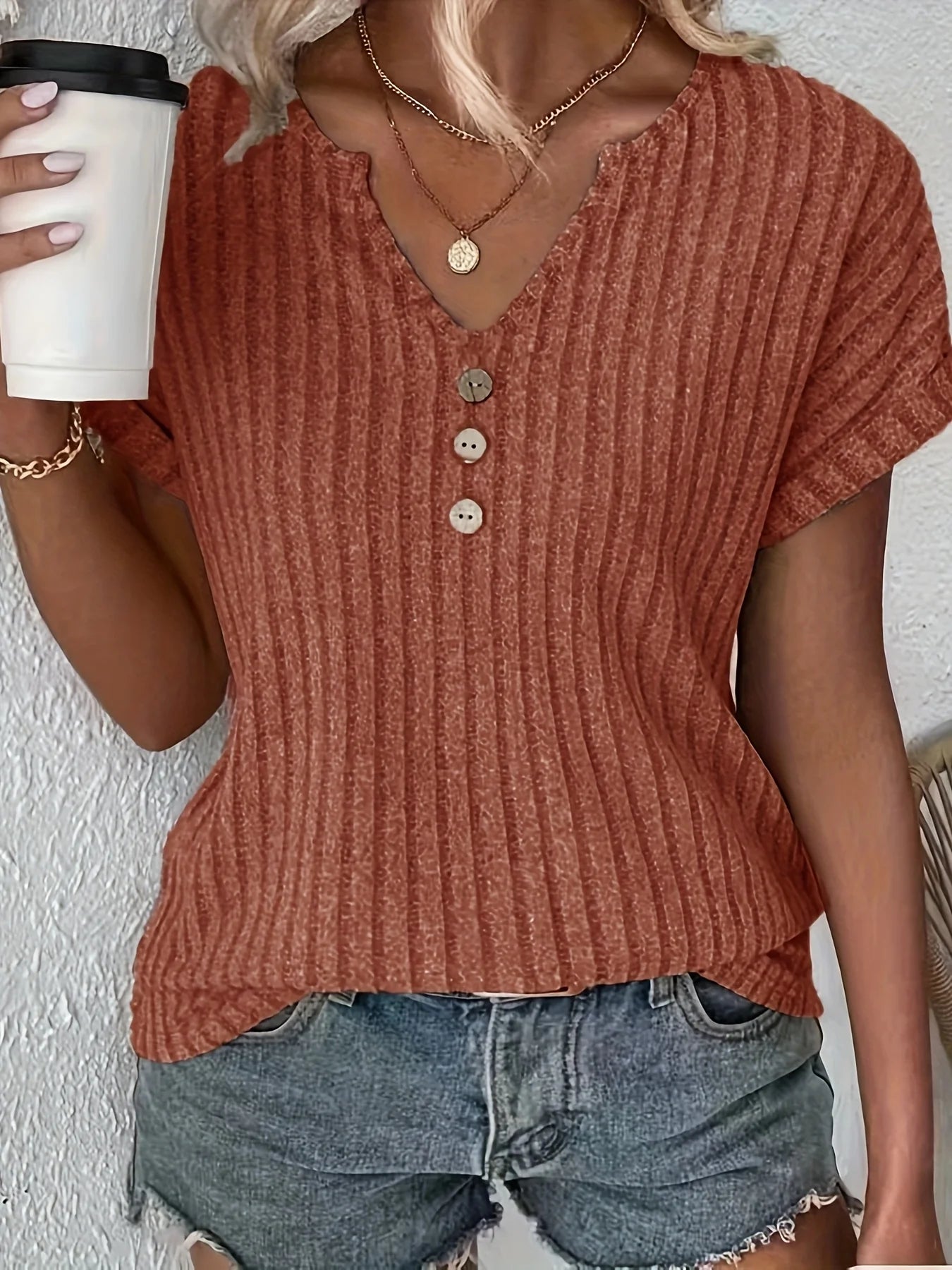 Women's V-Neck Ribbed T-Shirt | OWNLUXE