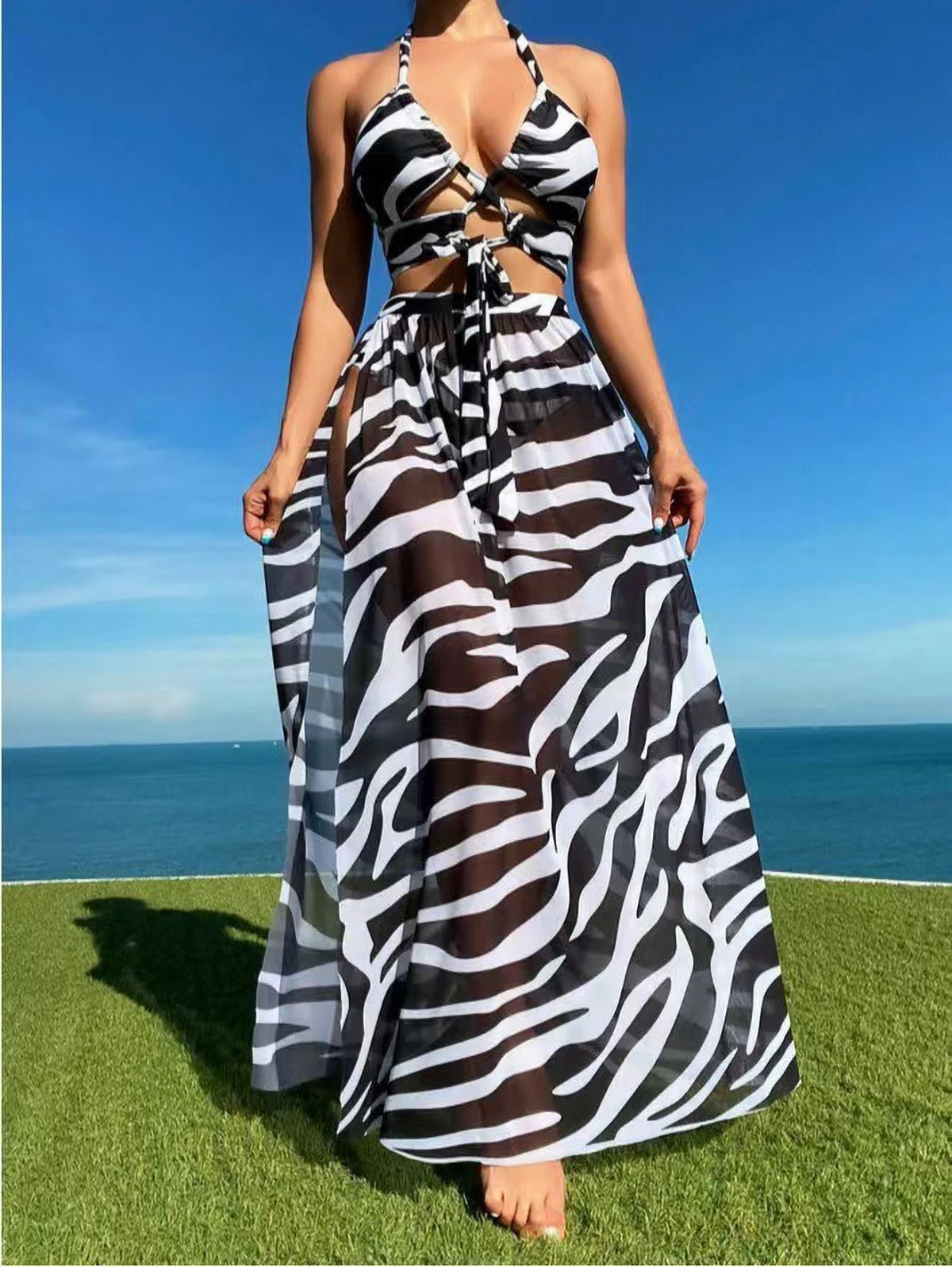 Vela Vikinis Sexy Blue 3 Piece Bikini Set with Padded Bra, High Waist Striped Bottoms & Skirt Women's Swimsuit 2025