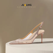 New Baotou sexy sandals with one buckle and summer mesh, rhinestone high heels for women, slim heels, shallow mouth