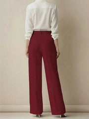 Women's High Waist Work Trousers - Casual Loose Fit Pants with Pockets