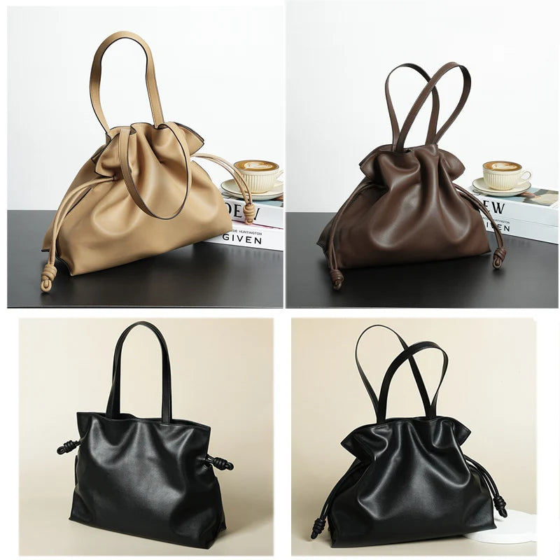 Cowhide Leather Pleated Bucket Bag | OWNLUXE