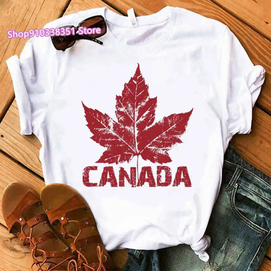 Fashion Canada Maple Leaf Flag Print Women T-Shirt O-Neck Short Sleeve | OWNLUXE