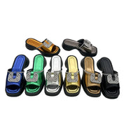 Women’s Mid Heel Slide Sandals – Cushioned Mixed-Color