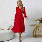 Load image into Gallery viewer, Slim-Fit A-Line Mid-Calf Dress with Lantern Sleeves and Sashes – Office Lady Autumn/Winter
