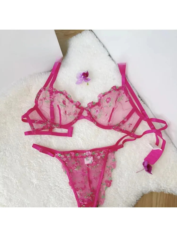 YUQI French Elegant Lingerie Set-Floral Embroidery Semi-Transparent Bra & Brief,Black Sensual Women's Underwear Luxury Intimates