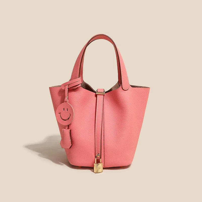 Genuine Cowhide Leather Bucket Bag - Fashion Lock Handbag with Phone Pocket | OWNLUXE