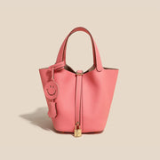 Genuine Cowhide Leather Bucket Bag - Fashion Lock Handbag with Phone Pocket | OWNLUXE