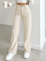Women's Beige Straight Leg Jeans - High-Waisted Cotton Denim