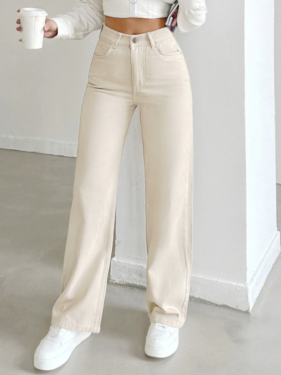 Women's Beige Straight Leg Jeans - High-Waisted Cotton Denim
