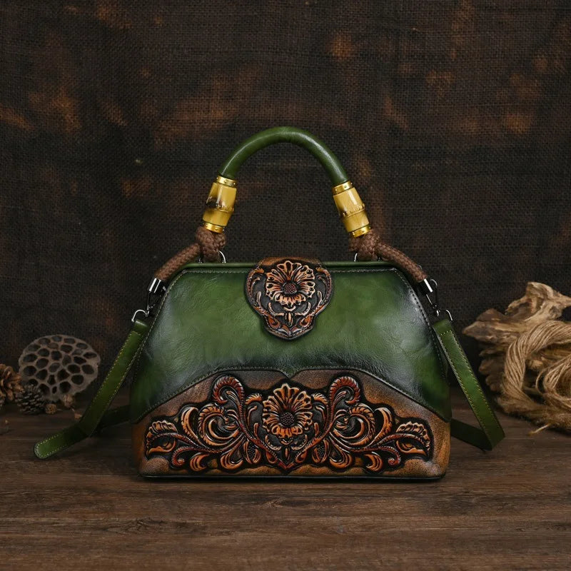 Vintage Carved Leather Handbag - Handmade Luxury Shoulder Bag