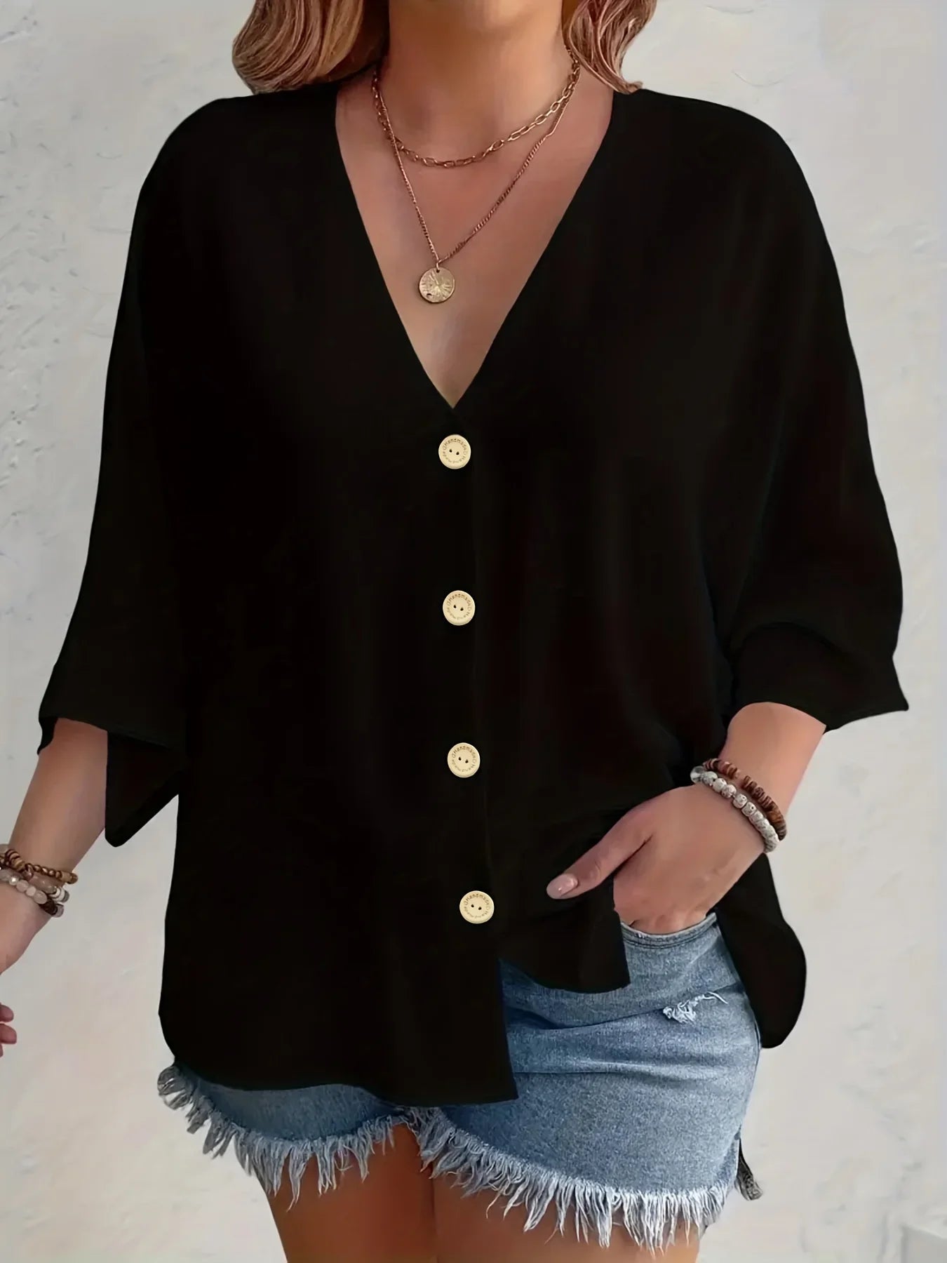 V-Neck Button-Front Loose Blouse – Casual Comfort
