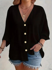 V-Neck Button-Front Loose Blouse – Casual Comfort
