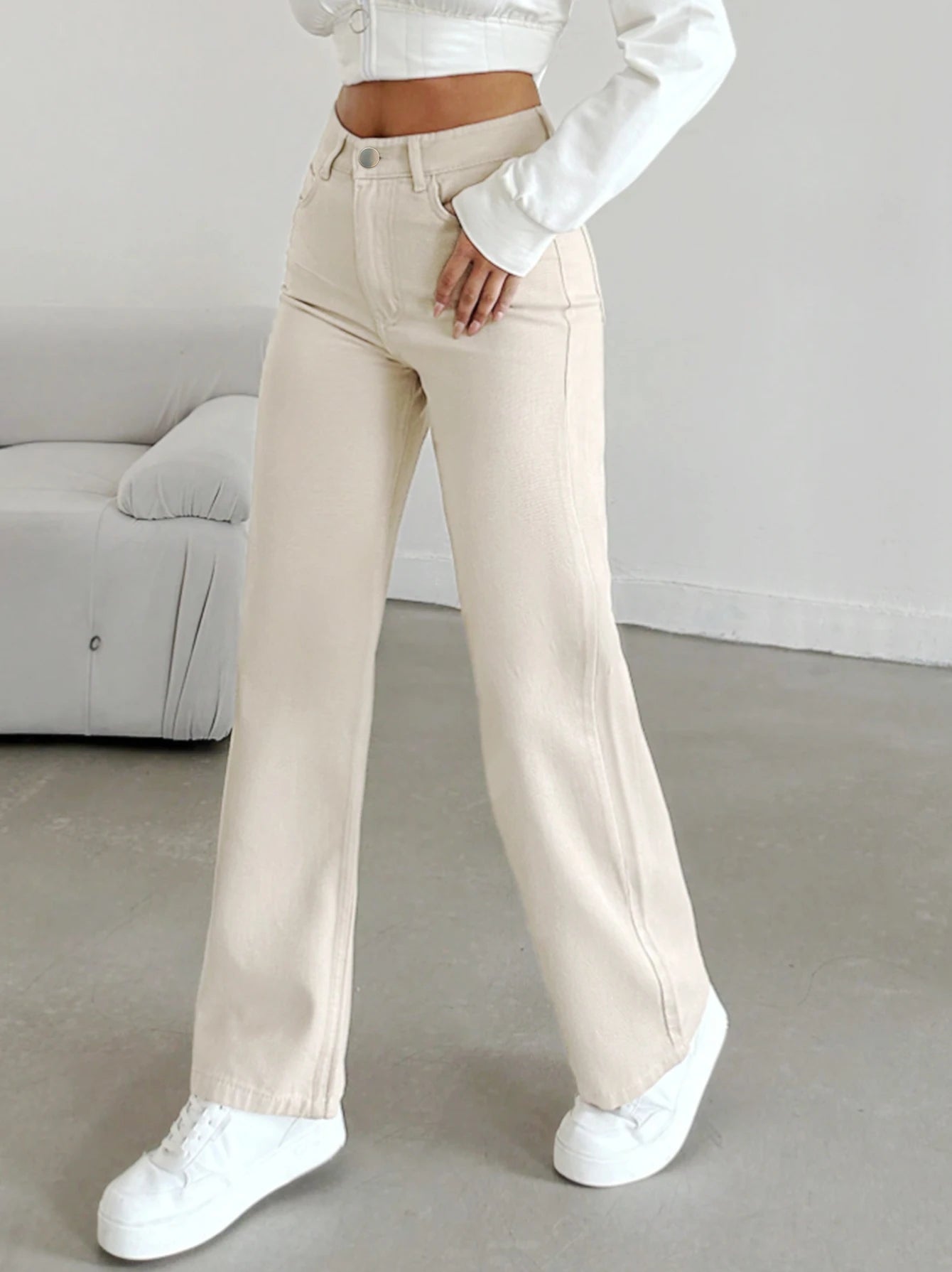 Women's Beige Straight Leg Jeans - High-Waisted Cotton Denim