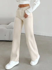 Women's Beige Straight Leg Jeans - High-Waisted Cotton Denim