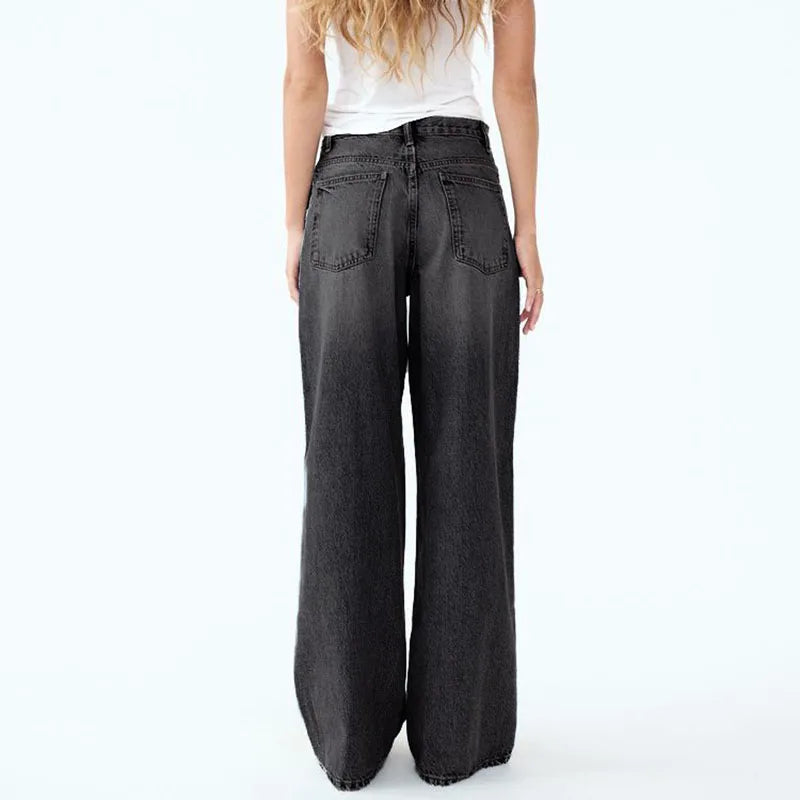 Wide Leg Jeans with Diagonal Buckle - Asymmetrical High Waist Denim