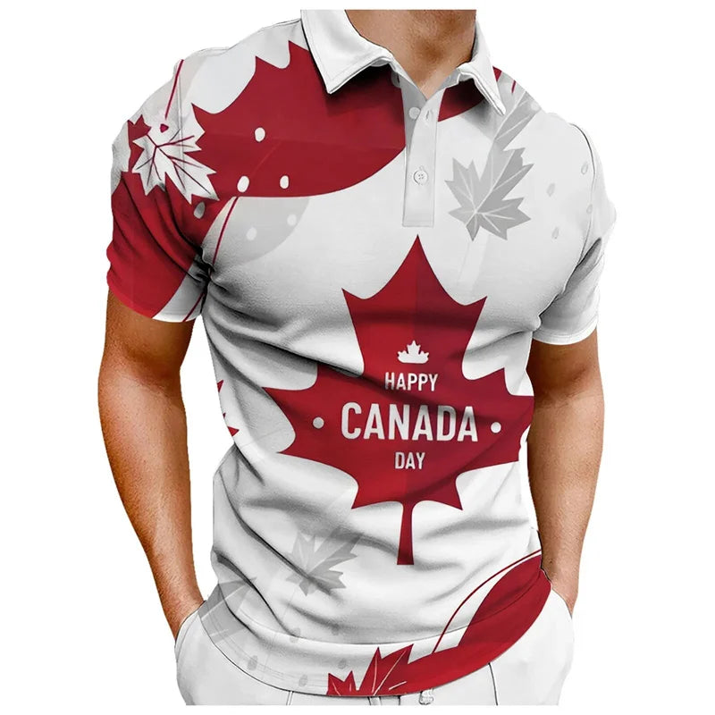 Maple Leaves Canada Flag Men's Polo T-Shirt - 3D Printed Casual Sport Top
