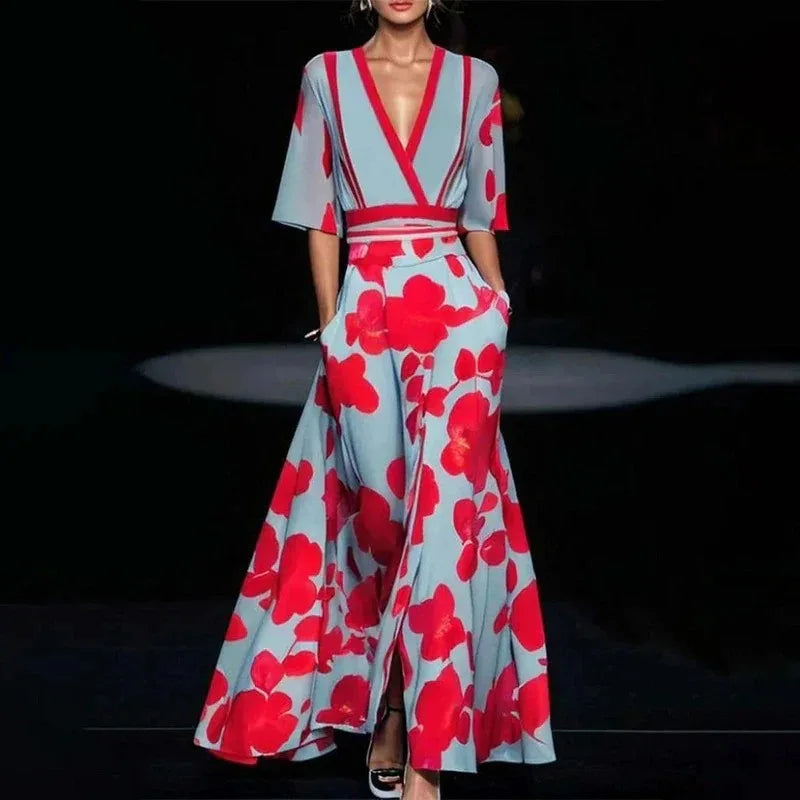 V-Neck Short Sleeve A-Line Maxi Dress – Casual Flowy Print Dress