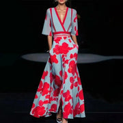 V-Neck Short Sleeve A-Line Maxi Dress – Casual Flowy Print Dress
