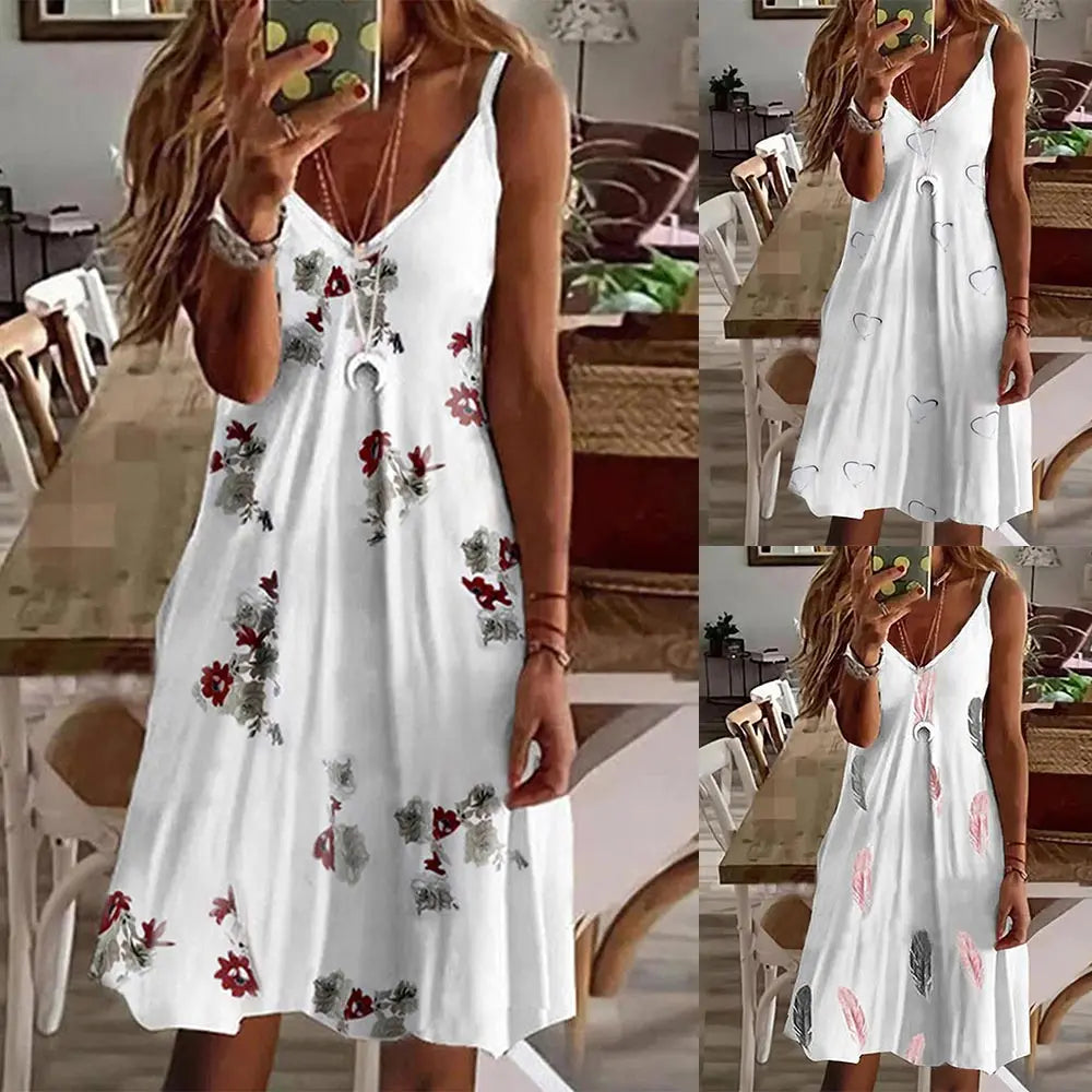 Floral Fit & Flare Knee-Length Casual Dress – V-Neck, Sleeveless, Pullover Style